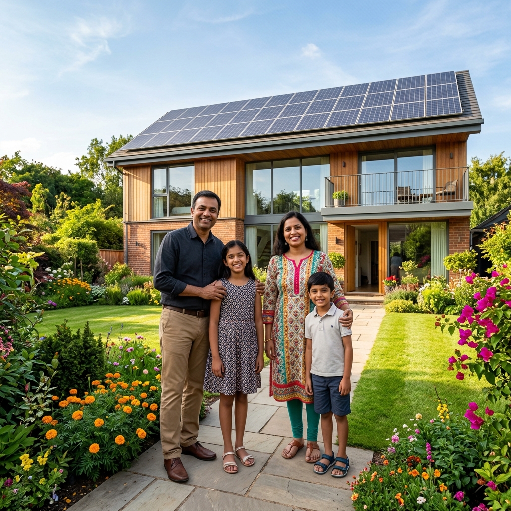 Happy Indian family with rooftop solar panels